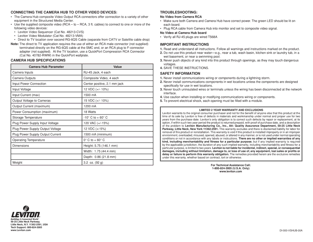 Leviton VSHUB Connecting the Camera HUB to Other Video Devices, Camera HUB Specifications, Troubleshooting 
