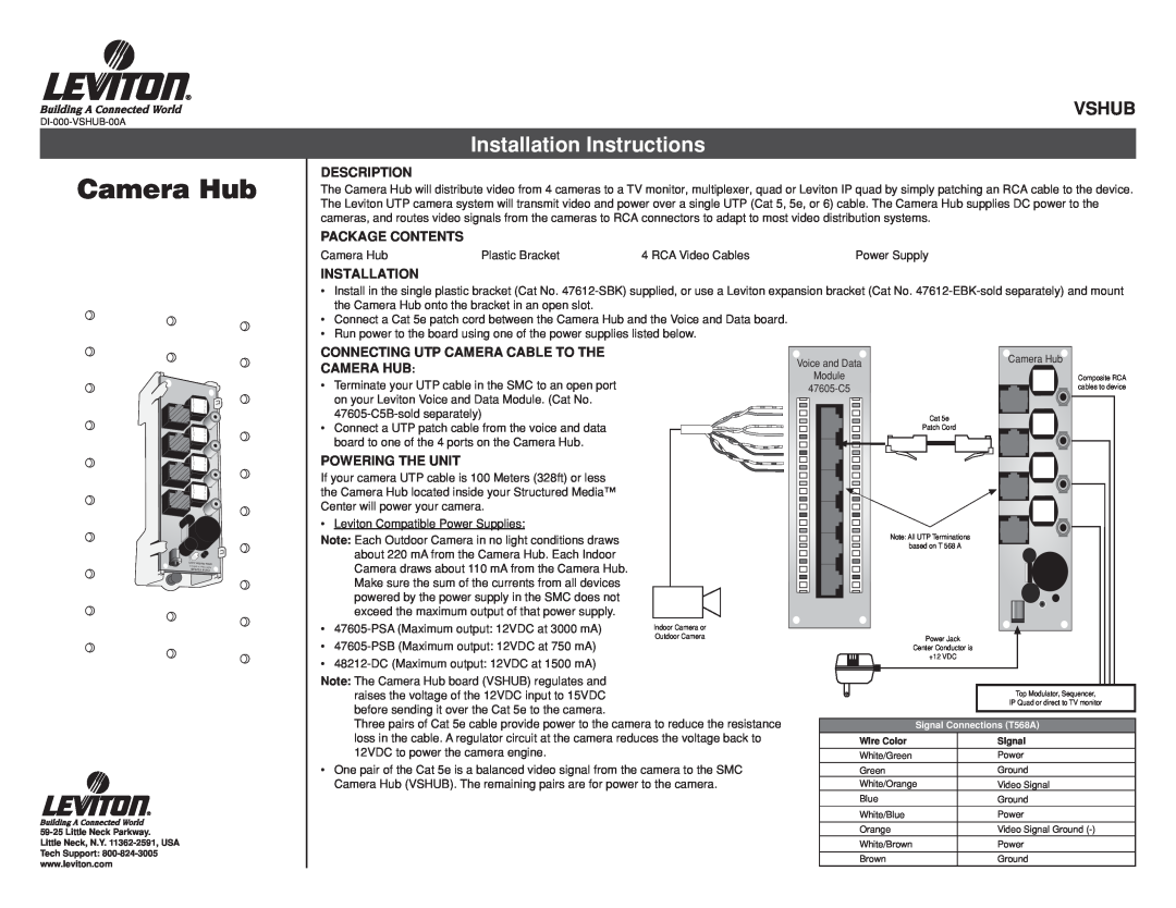 Leviton VSHUB installation instructions Camera Hub, Installation Instructions, Vshub, Description, Package Contents 