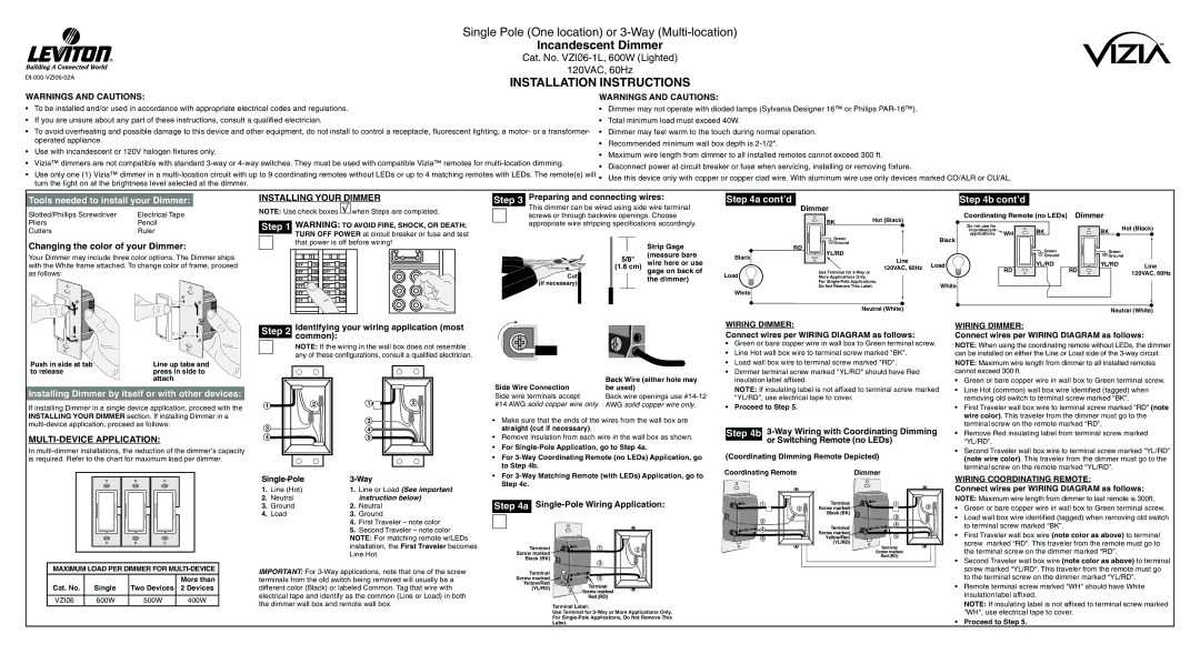 Leviton VZI06-1L installation instructions Preparing and connecting wires, Identifyingcommon your wiring application most 