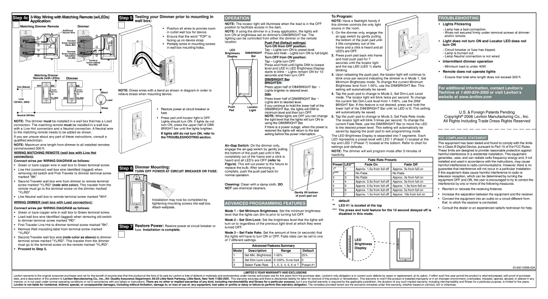 Leviton VZI06-1L Way Wiring with Matching Remote w/LEDs Application, Testing your Dimmer prior to mounting, To Program 