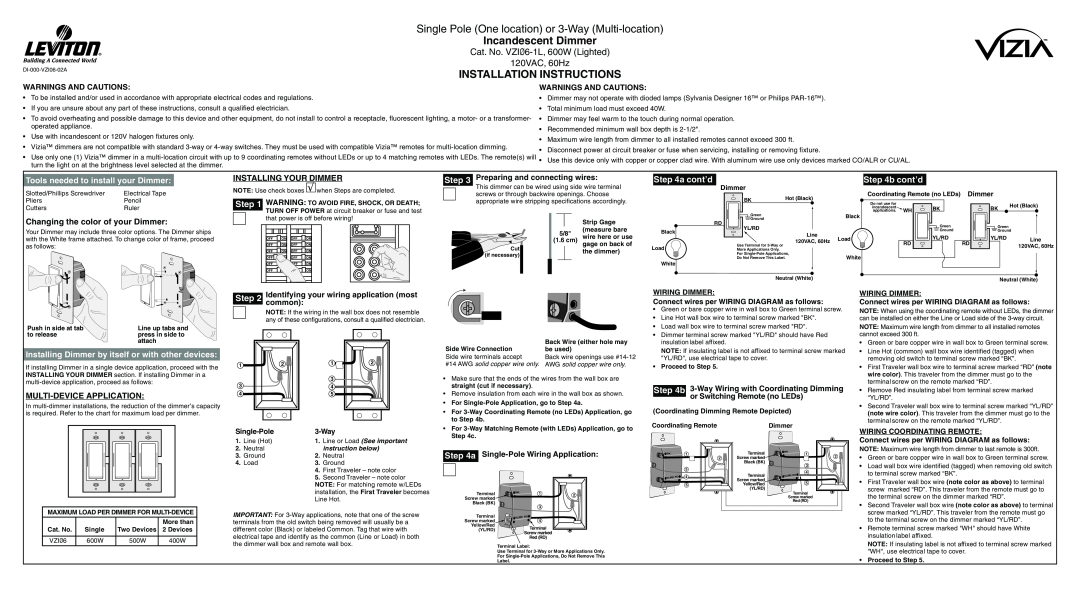 Leviton VZI06-1L installation instructions a cont’d, Tools needed to install your Dimmer, Incandescent Dimmer 
