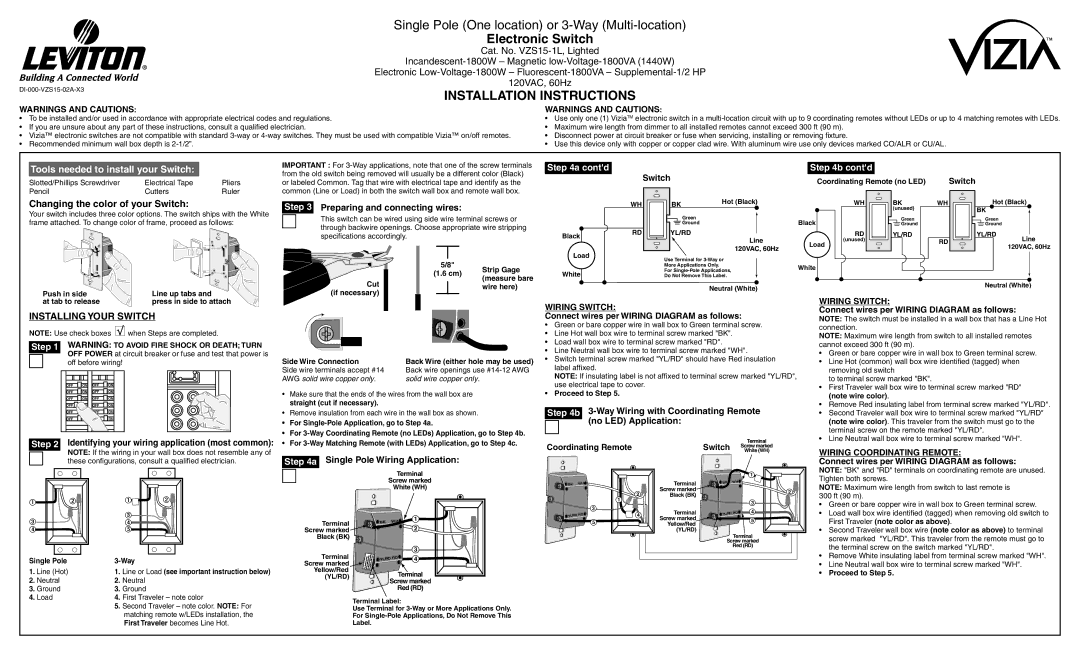 Leviton VZS15-1L installation instructions Preparing and connecting wires, Switch, No LED Application 