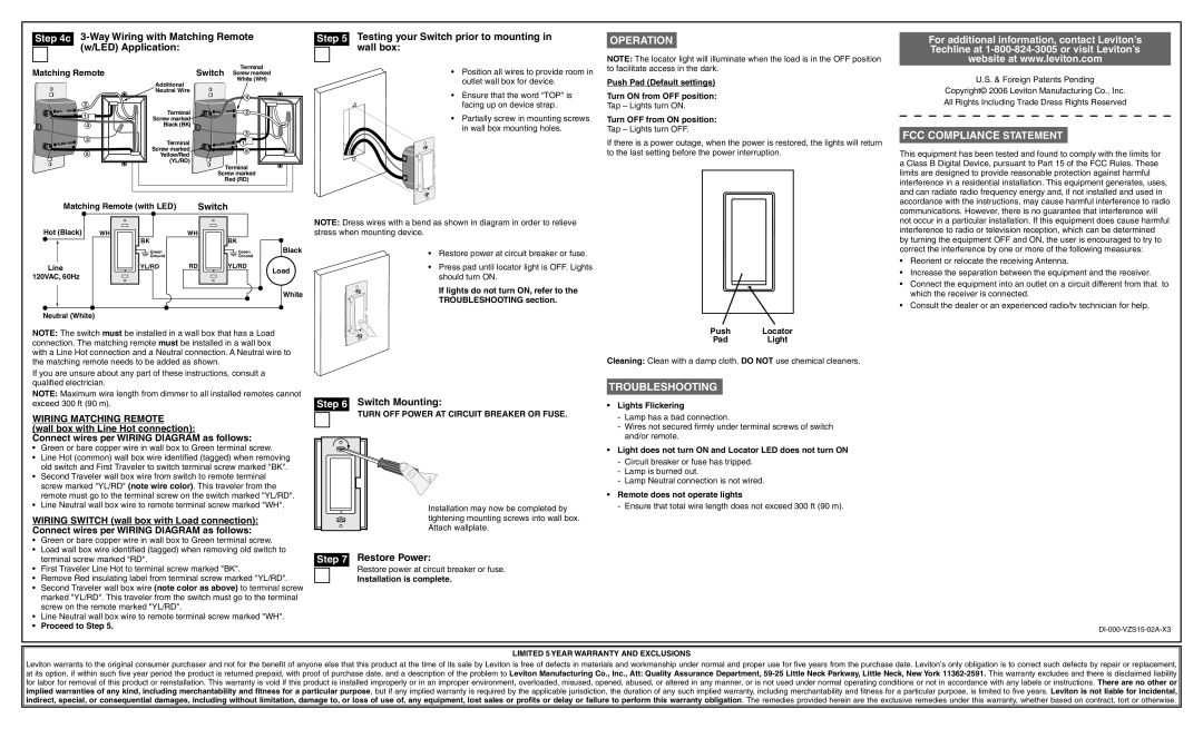 Leviton VZS15-1L installation instructions LED Application, Wall box, Switch Mounting, Restore Power 