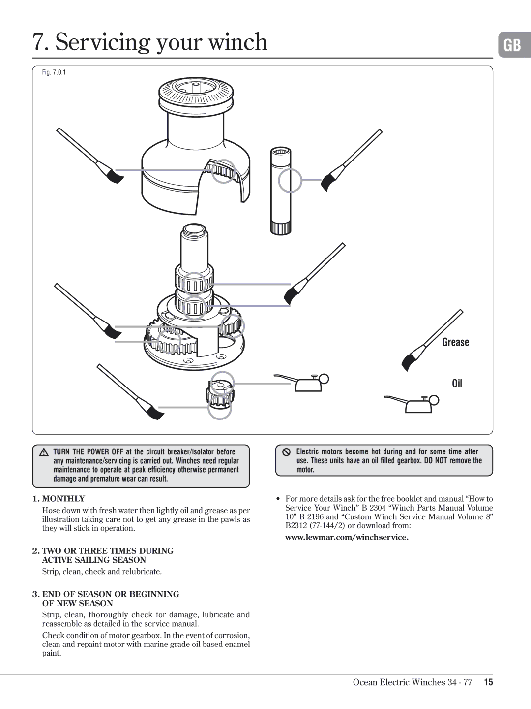 Lewmar 34-77 manual Servicing your winch, Grease Oil 