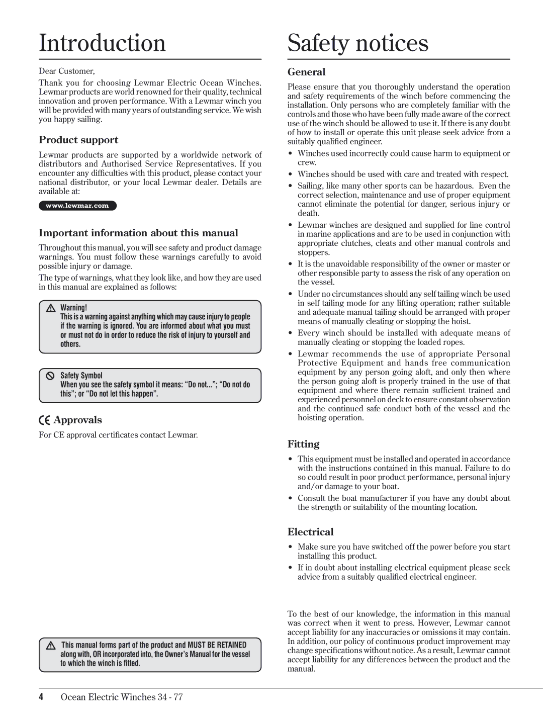 Lewmar 34-77 manual Introduction, Safety notices 