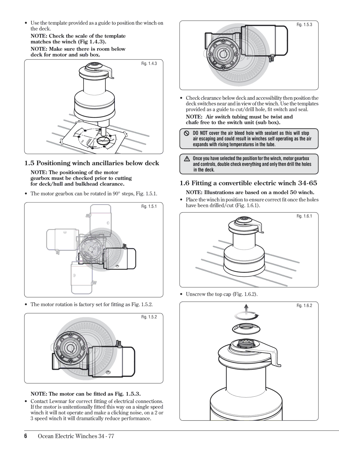 Lewmar 34-77 manual Positioning winch ancillaries below deck, Fitting a convertible electric winch 