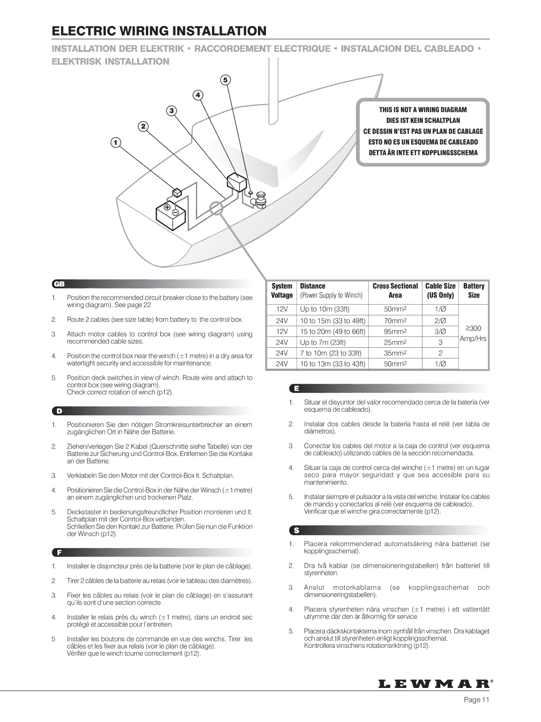 Lewmar 40-111 manual Electric Wiring Installation, Distance, System, Battery 