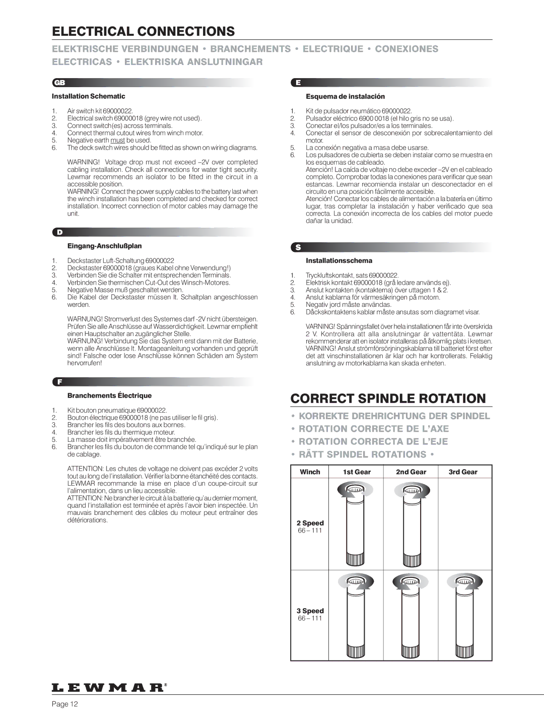 Lewmar 40-111 manual Electrical Connections, Correct Spindle Rotation 