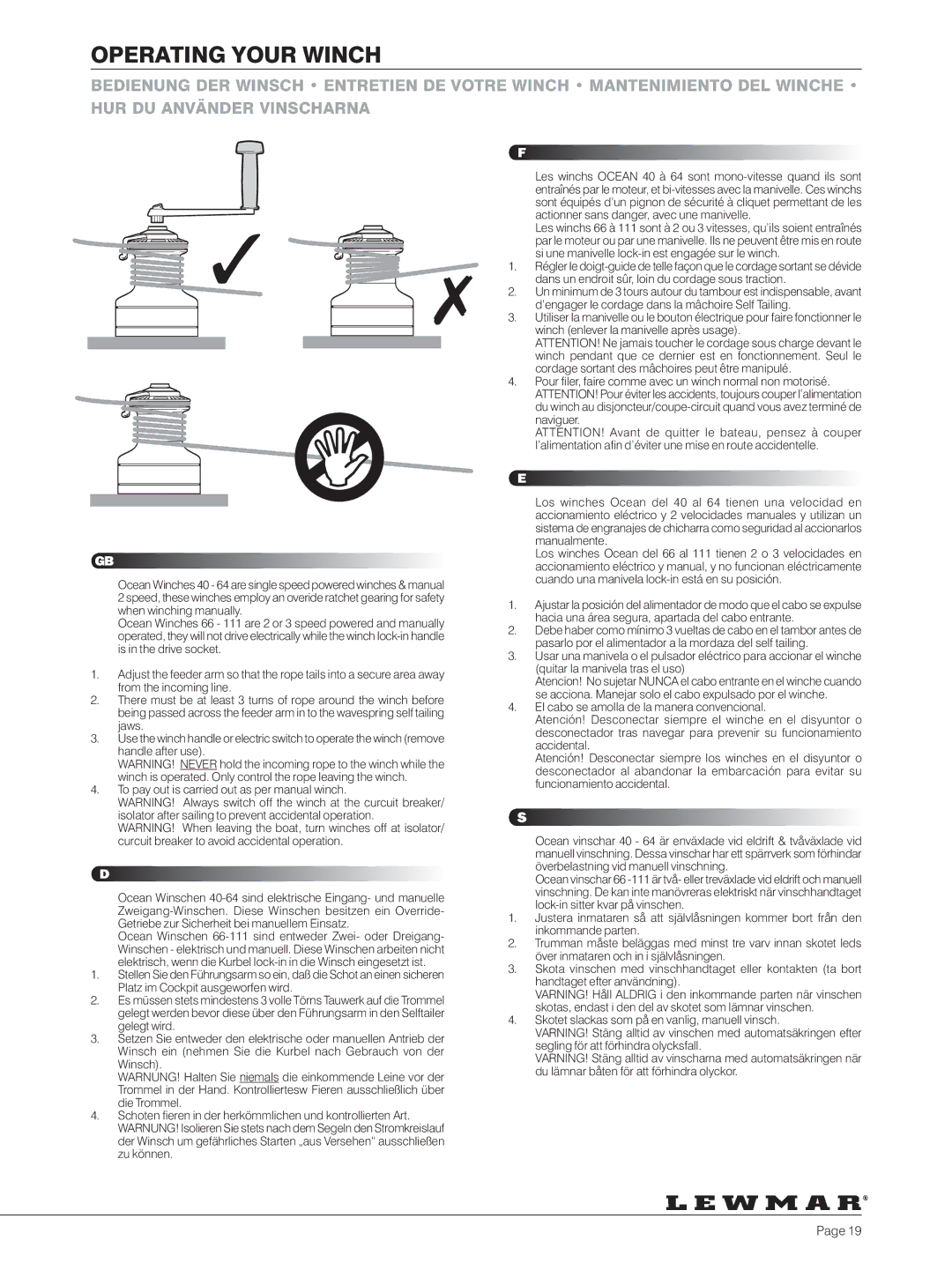 Lewmar 40-111 manual Operating Your Winch, Ocean Winschen 66-111 sind entweder Zwei- oder Dreigang 