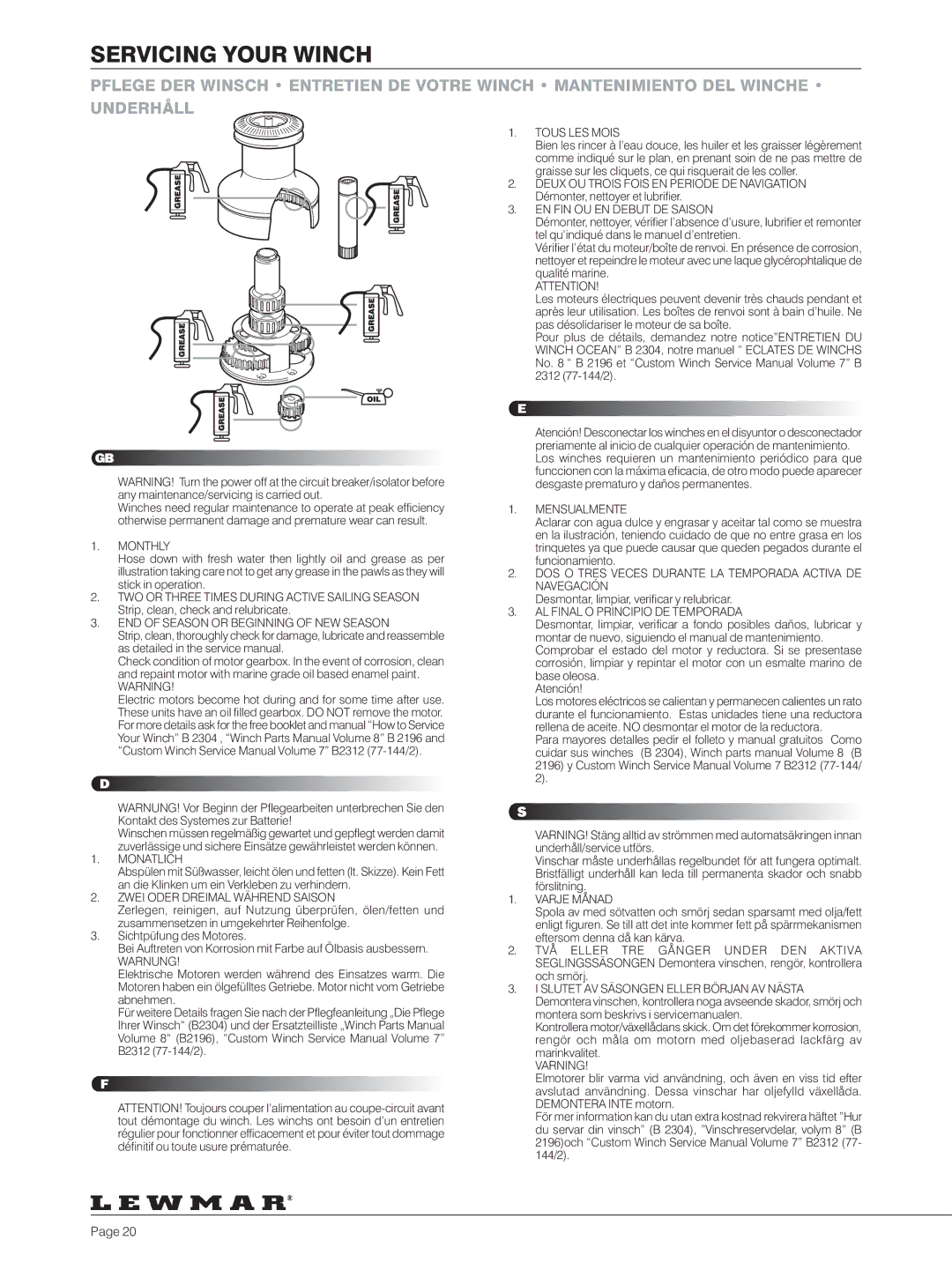 Lewmar 40-111 manual Servicing Your Winch, Desmontar, limpiar, verificar y relubricar 