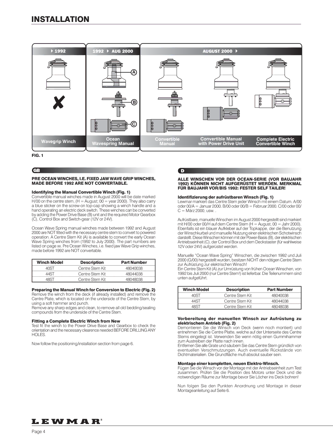 Lewmar 40-111 manual Installation 