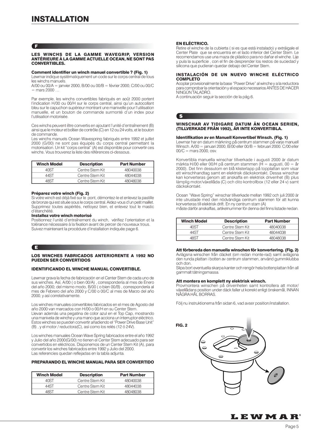 Lewmar 40-111 Préparez votre winch Fig, Installez votre winch motorisé, El motor / reductoraC, así como los relés 12 ó 