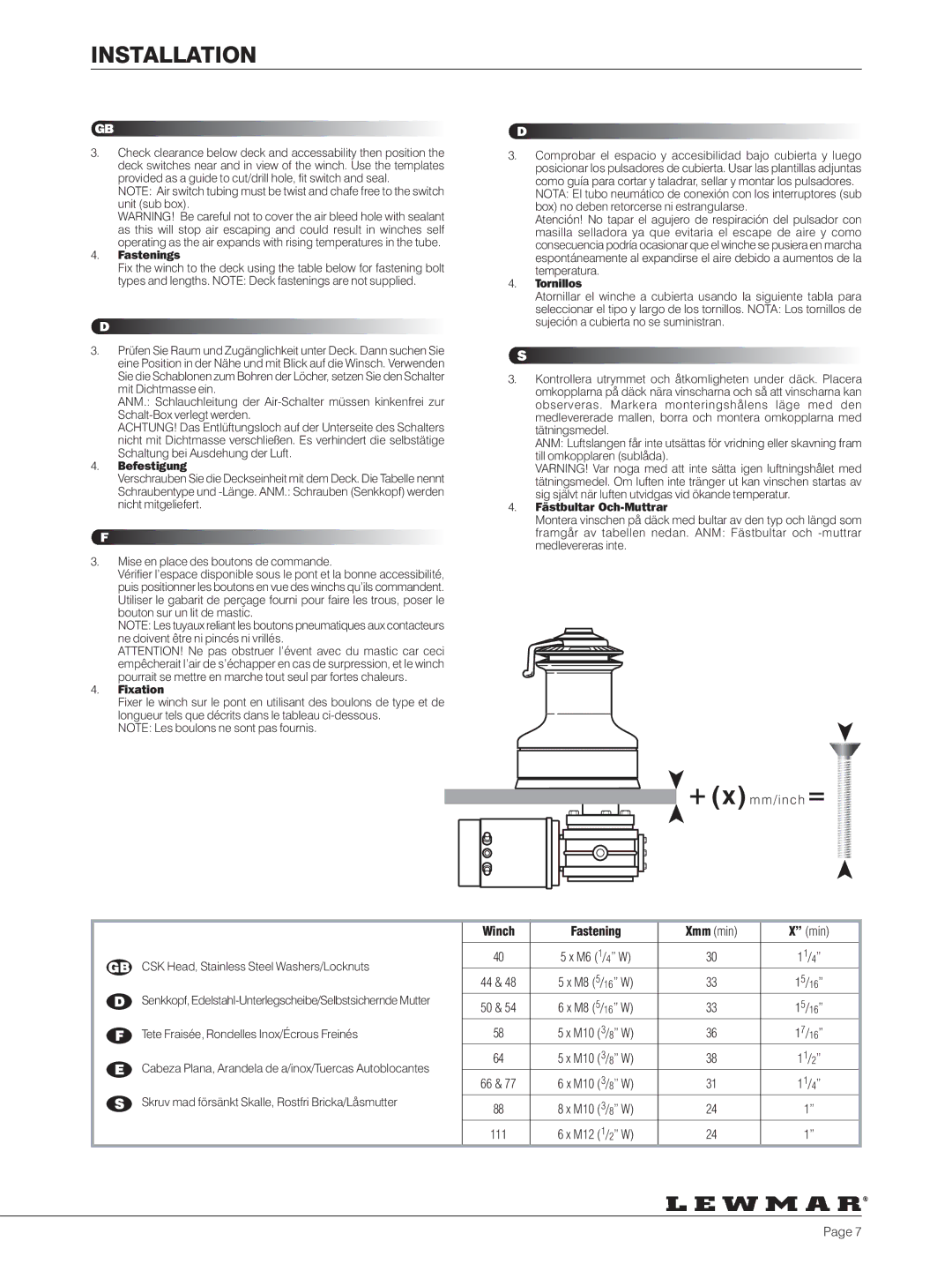 Lewmar 40-111 manual Winch Fastening 