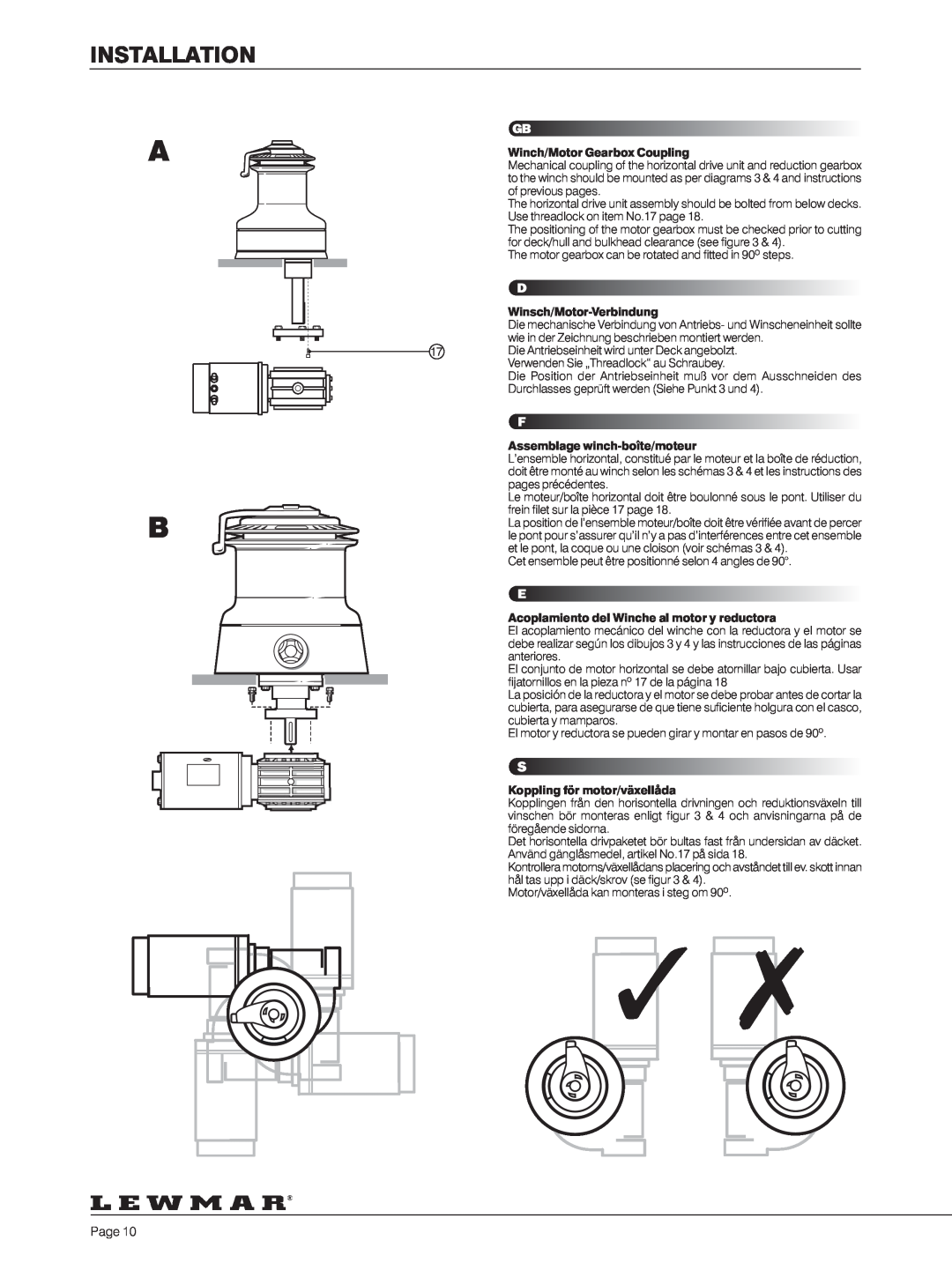 Lewmar 40-111 manual Installation, Winch/Motor Gearbox Coupling, Winsch/Motor-Verbindung, Assemblage winch-boîte/moteur 
