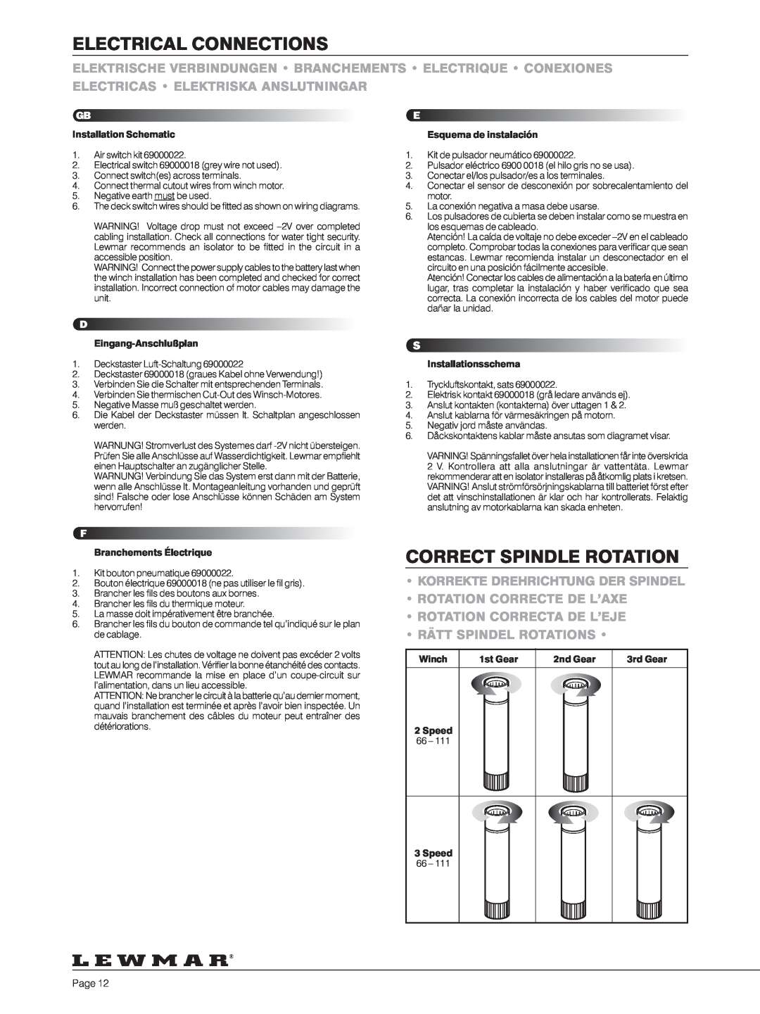 Lewmar 40-111 Electrical Connections, Correct Spindle Rotation, Korrekte Drehrichtung Der Spindel, Rätt Spindel Rotations 