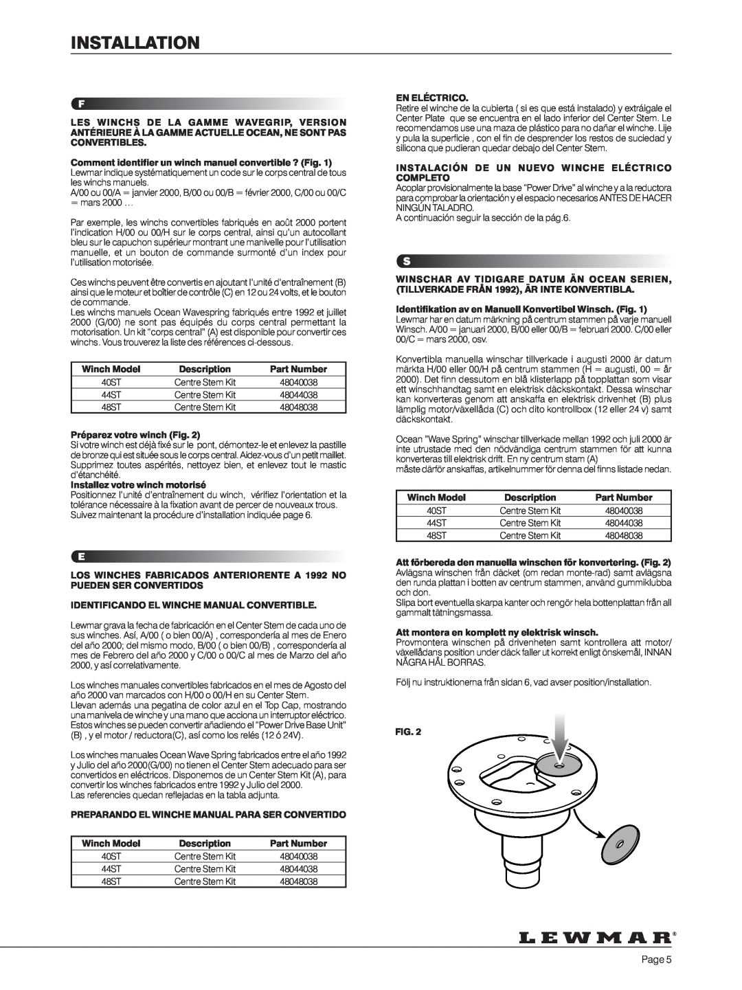Lewmar 40-111 manual Installation, Winch Model, Description, Part Number, Préparez votre winch Fig, En Eléctrico 