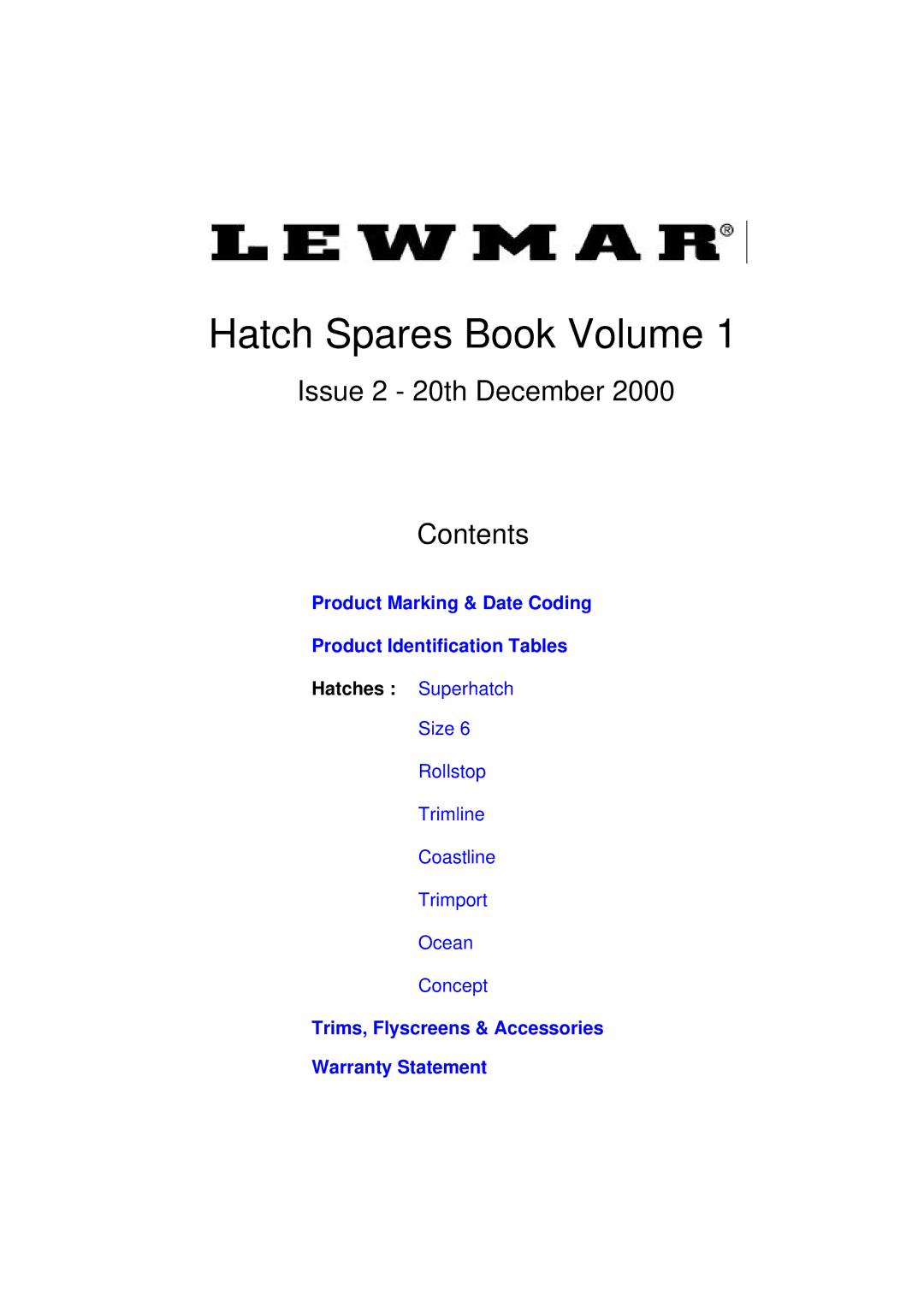 Lewmar Issue 2 warranty Hatch Spares Book Volume 