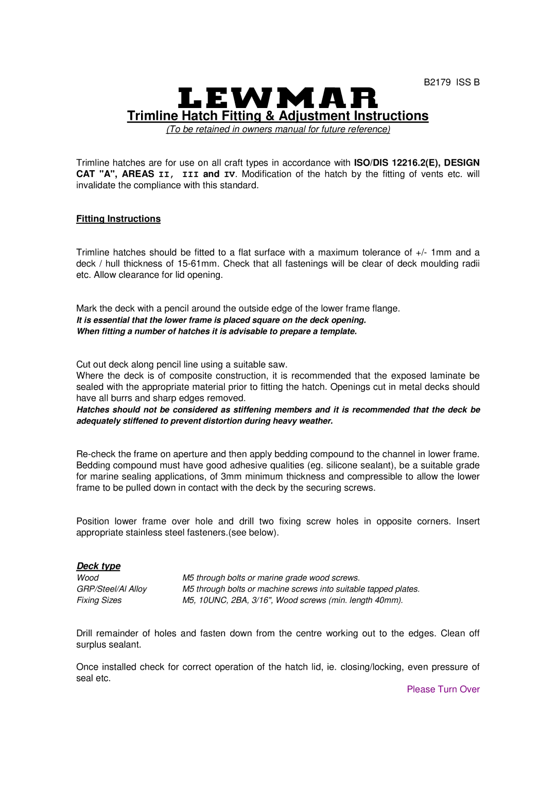 Lewmar Issue 2 warranty Trimline Hatch Fitting & Adjustment Instructions 