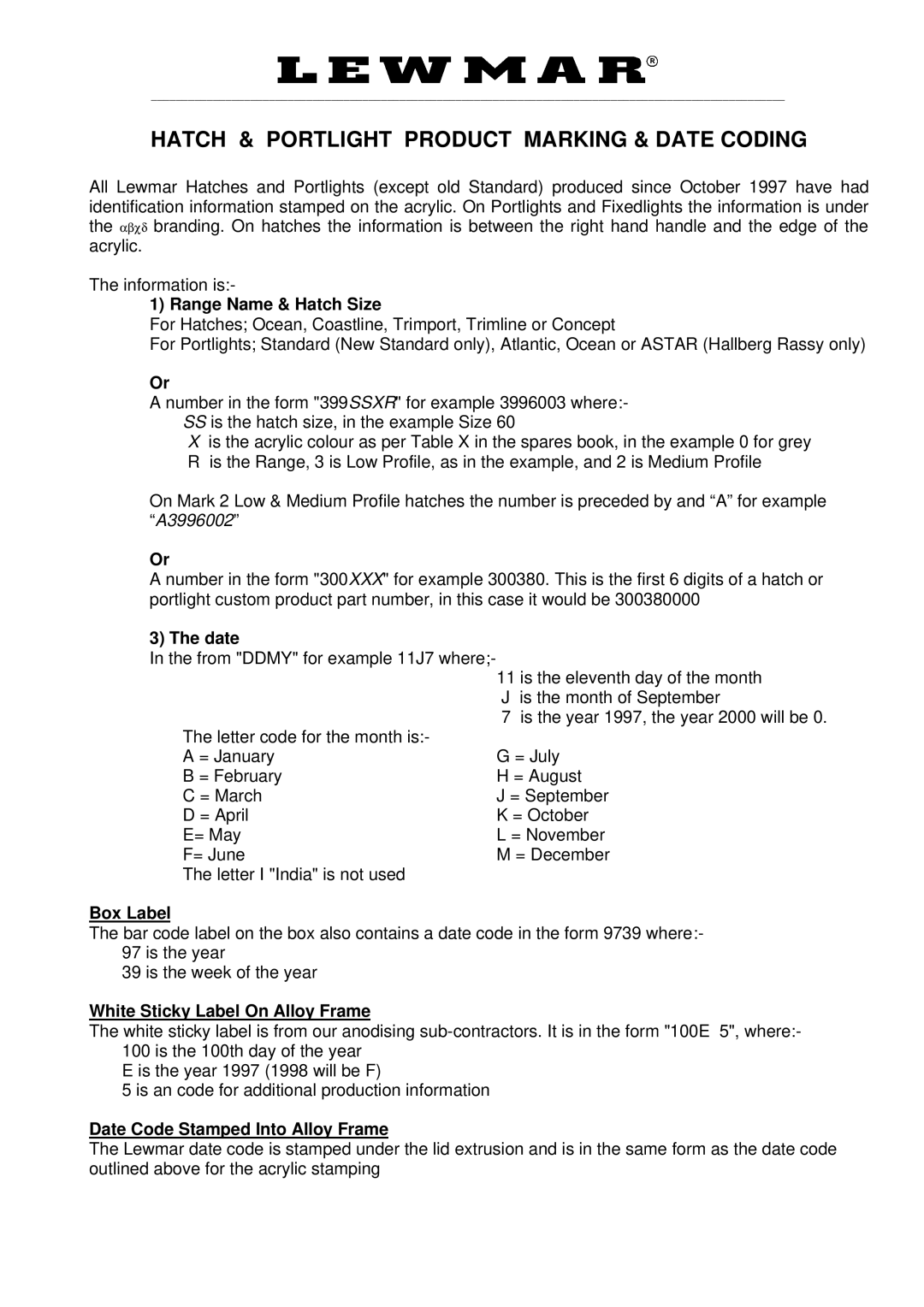 Lewmar Issue 2 warranty Hatch & Portlight Product Marking & Date Coding 