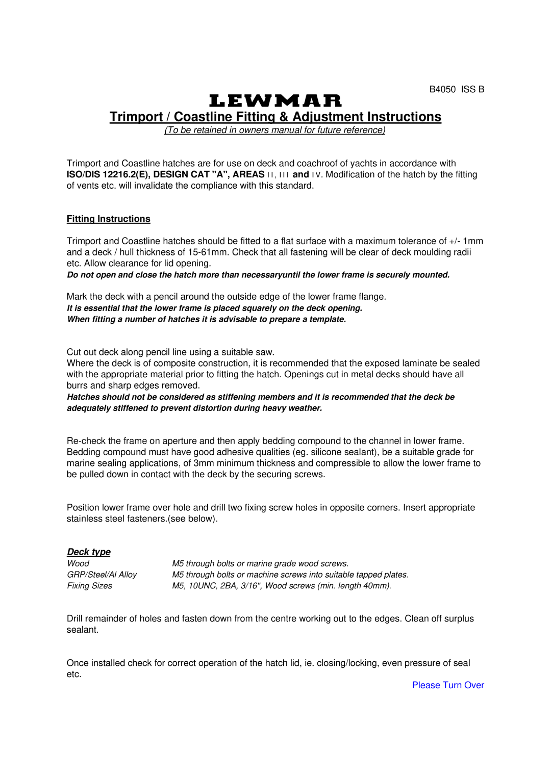 Lewmar Issue 2 warranty Trimport / Coastline Fitting & Adjustment Instructions 