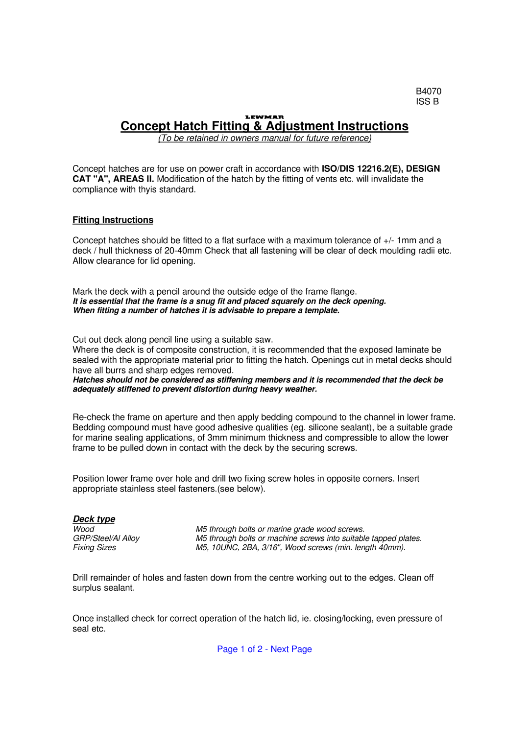 Lewmar Issue 2 warranty Concept Hatch Fitting & Adjustment Instructions 