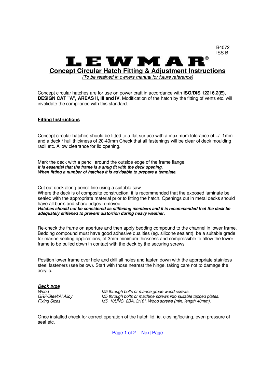 Lewmar Issue 2 warranty Concept Circular Hatch Fitting & Adjustment Instructions 