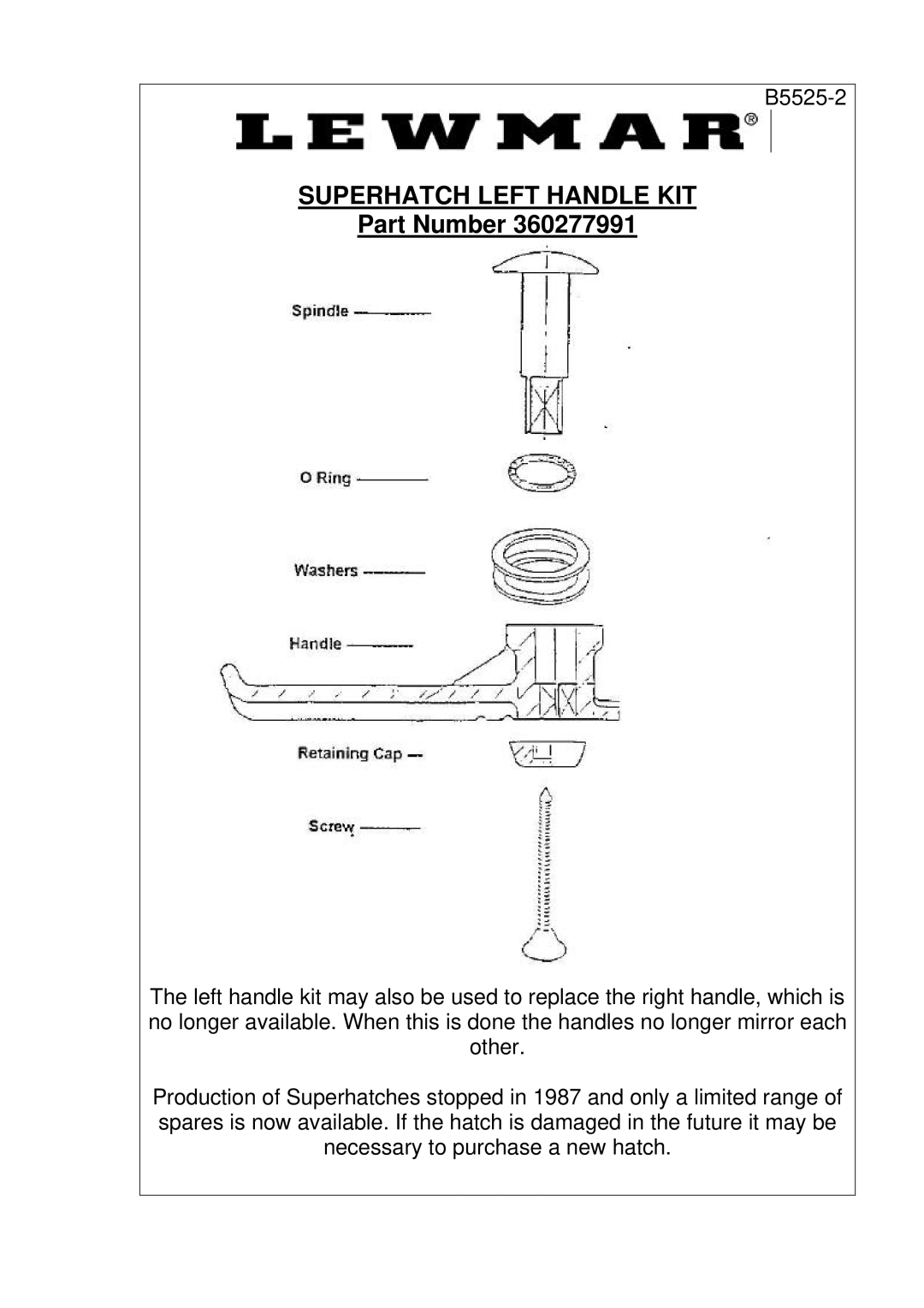 Lewmar Issue 2 warranty Superhatch Left Handle KIT, Part Number 