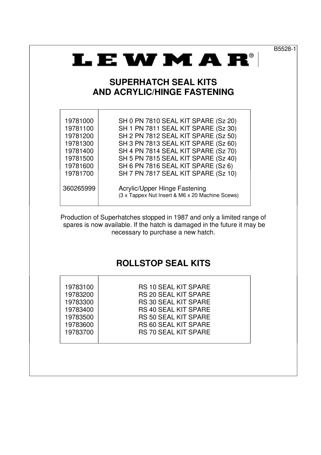 Lewmar Issue 2 warranty Superhatch Seal Kits ACRYLIC/HINGE Fastening 