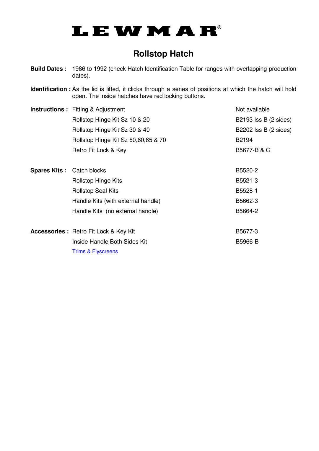 Lewmar Issue 2 warranty Rollstop Hatch 