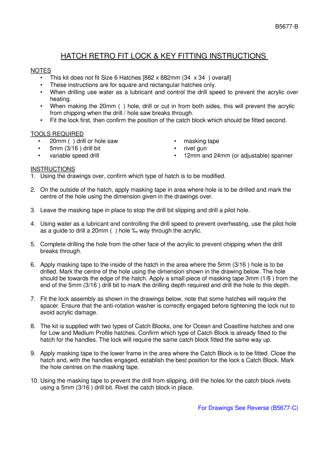 Lewmar Issue 2 warranty Hatch Retro FIT Lock & KEY Fitting Instructions 