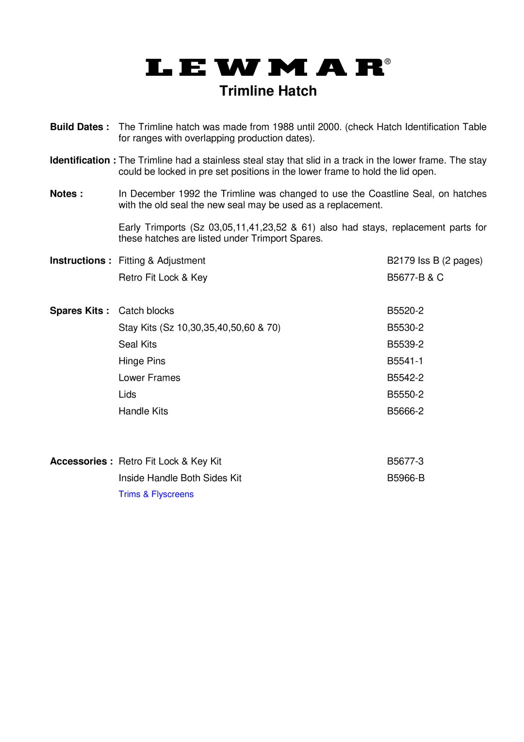 Lewmar Issue 2 warranty Trimline Hatch 