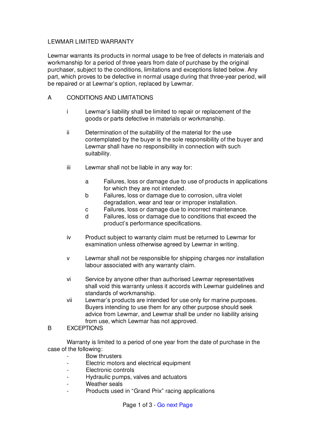 Lewmar Issue 2 warranty Lewmar Limited Warranty 