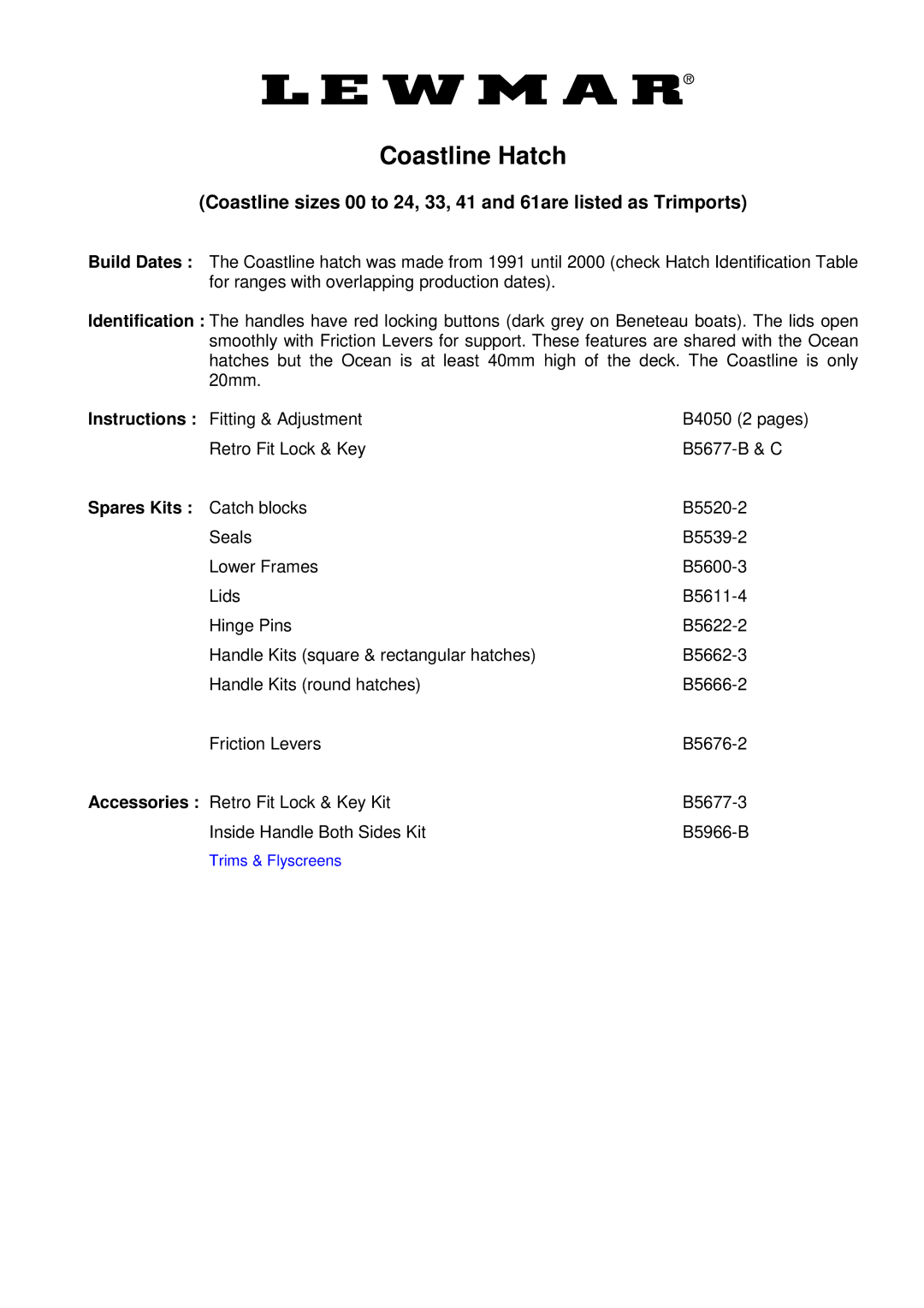 Lewmar Issue 2 warranty Coastline Hatch 