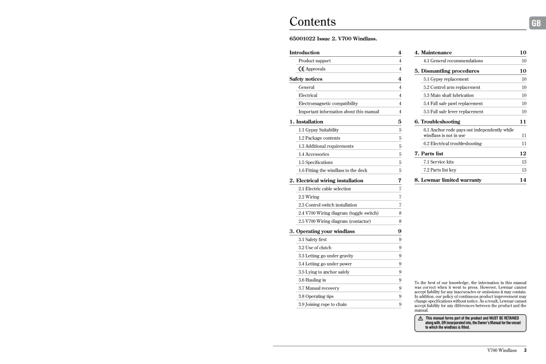 Lewmar v700 manual Contents 