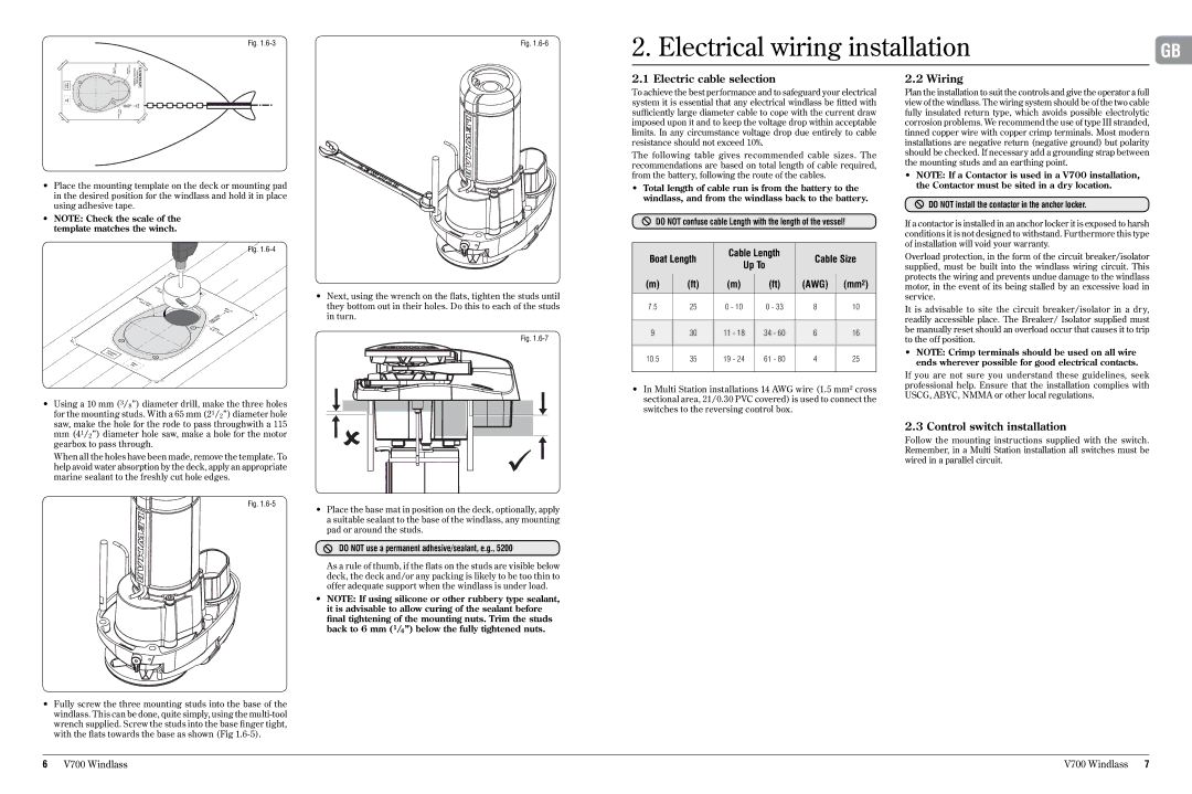 Lewmar v700 manual Electric cable selection Wiring, Control switch installation, Boat Length Cable Length Cable Size 