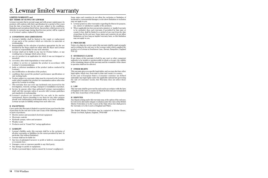 Lewmar v700 manual Lewmar limited warranty, KEY Terms of Supply by Lewmar 