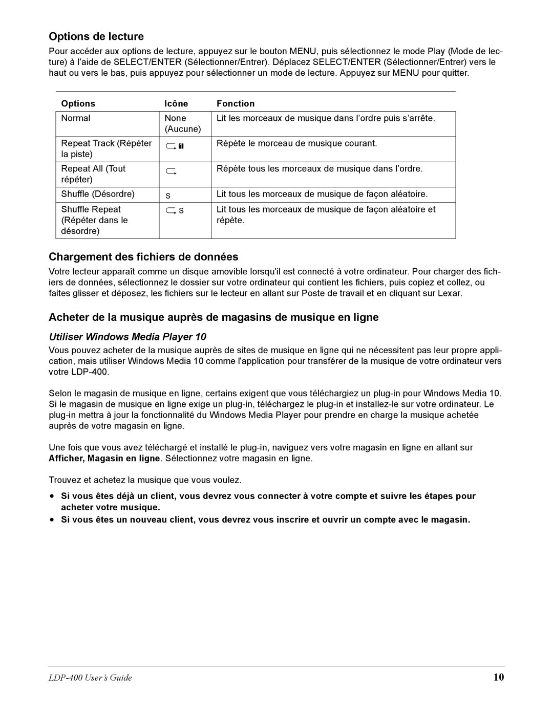 Lexar Media LDP-400 manual Options de lecture, Chargement des fichiers de données, Utiliser Windows Media Player 