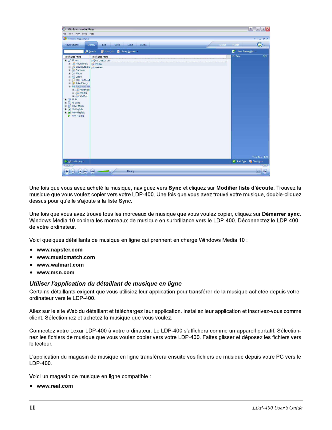 Lexar Media LDP-400 manual Utiliser lapplication du détaillant de musique en ligne 
