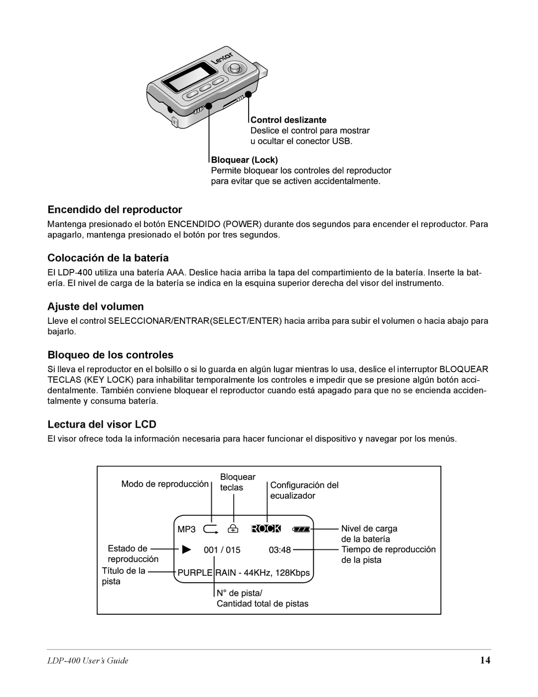 Lexar Media LDP-400 Encendido del reproductor, Colocación de la batería, Ajuste del volumen, Bloqueo de los controles 