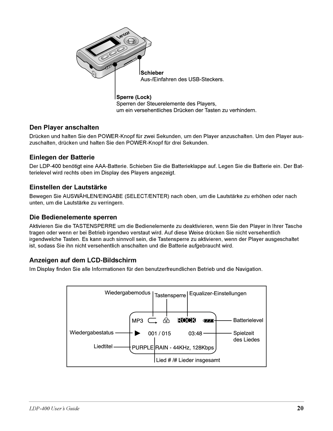 Lexar Media LDP-400 Den Player anschalten, Einlegen der Batterie, Einstellen der Lautstärke, Die Bedienelemente sperren 