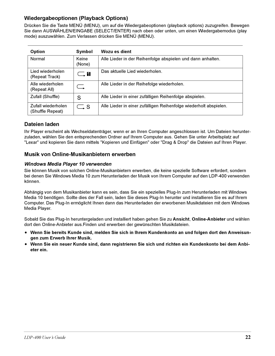 Lexar Media LDP-400 manual Wiedergabeoptionen Playback Options, Dateien laden, Musik von Online-Musikanbietern erwerben 