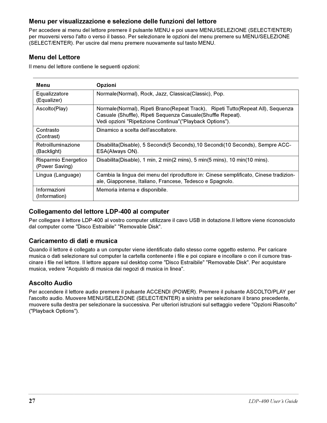 Lexar Media Menu del Lettore, Collegamento del lettore LDP-400 al computer, Caricamento di dati e musica, Ascolto Audio 