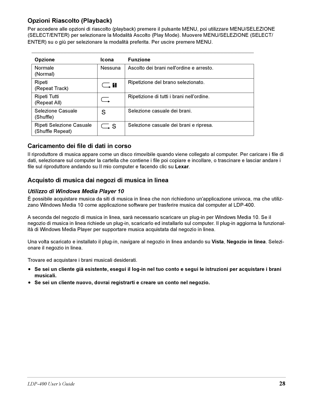 Lexar Media LDP-400 Opzioni Riascolto Playback, Caricamento dei file di dati in corso, Utilizzo di Windows Media Player 