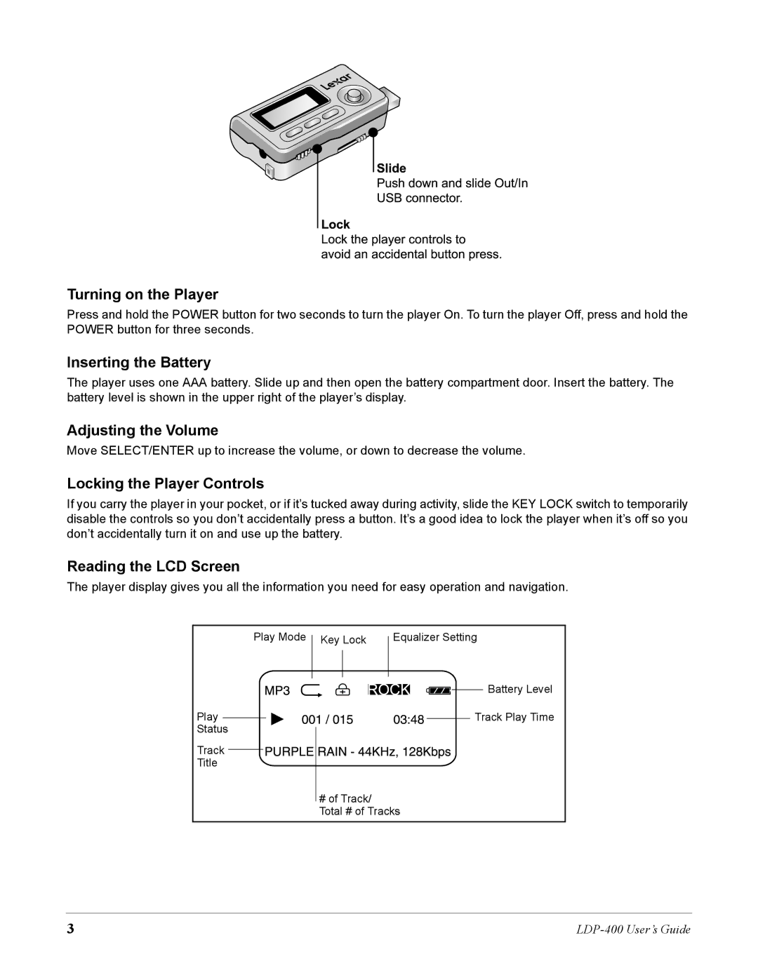 Lexar Media LDP-400 manual Turning on the Player, Inserting the Battery, Adjusting the Volume, Locking the Player Controls 