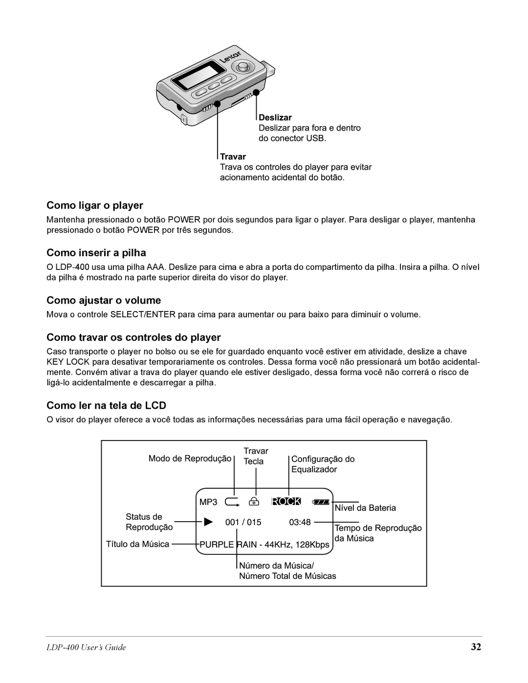 Lexar Media LDP-400 Como ligar o player, Como inserir a pilha, Como ajustar o volume, Como travar os controles do player 