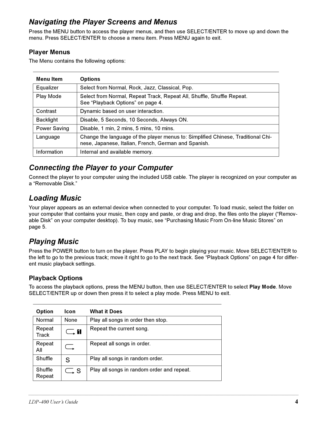 Lexar Media LDP-400 manual Navigating the Player Screens and Menus, Connecting the Player to your Computer, Loading Music 