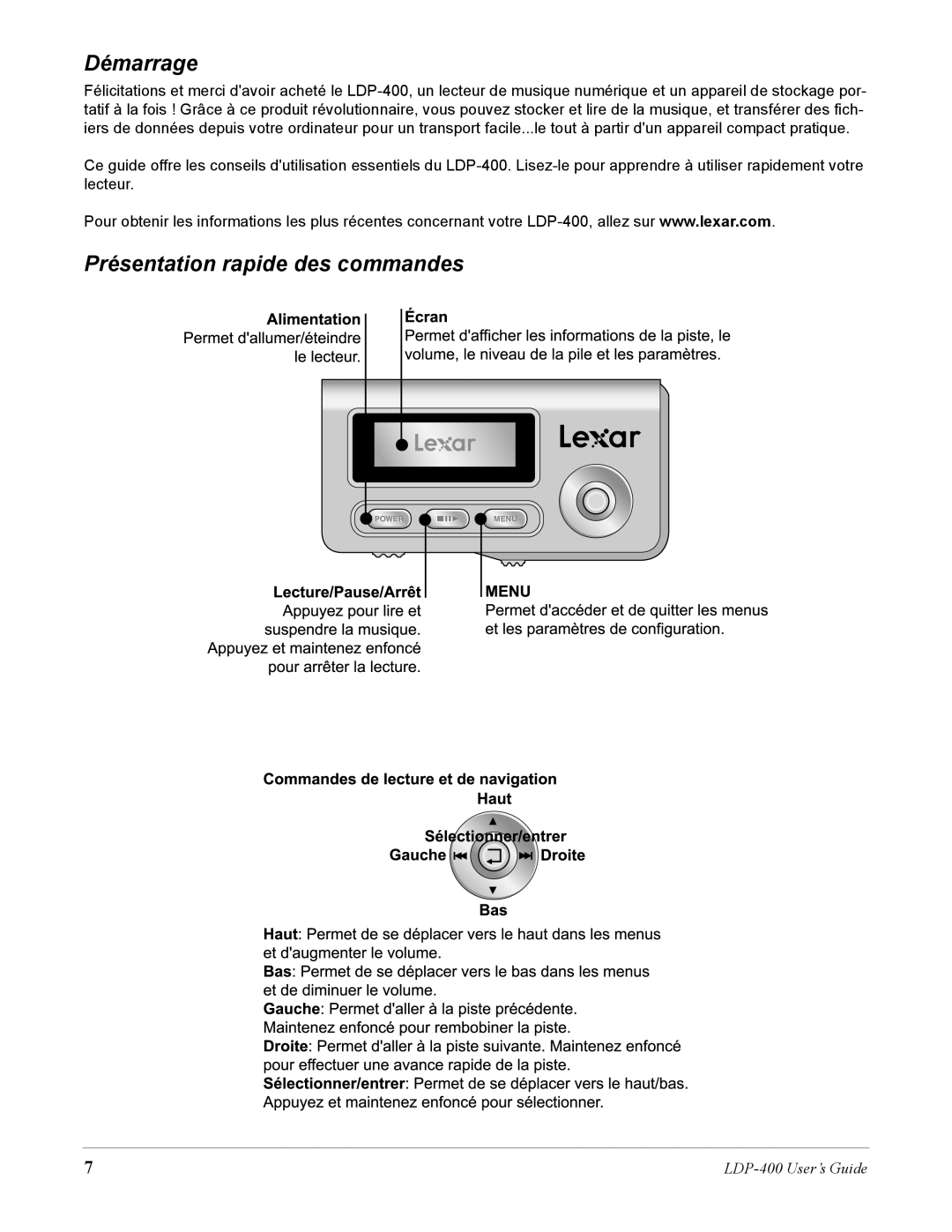 Lexar Media LDP-400 manual Démarrage, Présentation rapide des commandes 