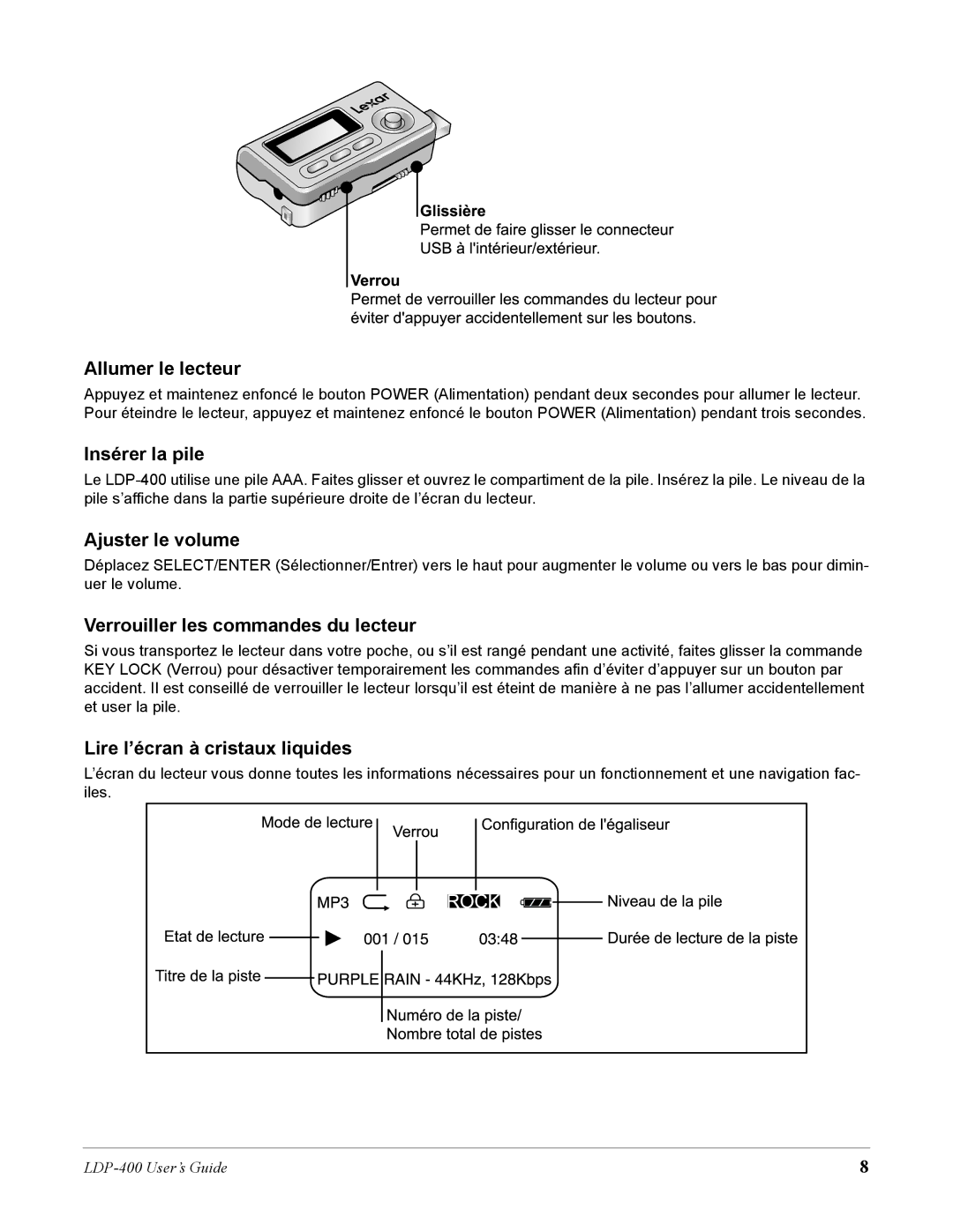 Lexar Media LDP-400 manual Allumer le lecteur, Insérer la pile, Ajuster le volume, Verrouiller les commandes du lecteur 