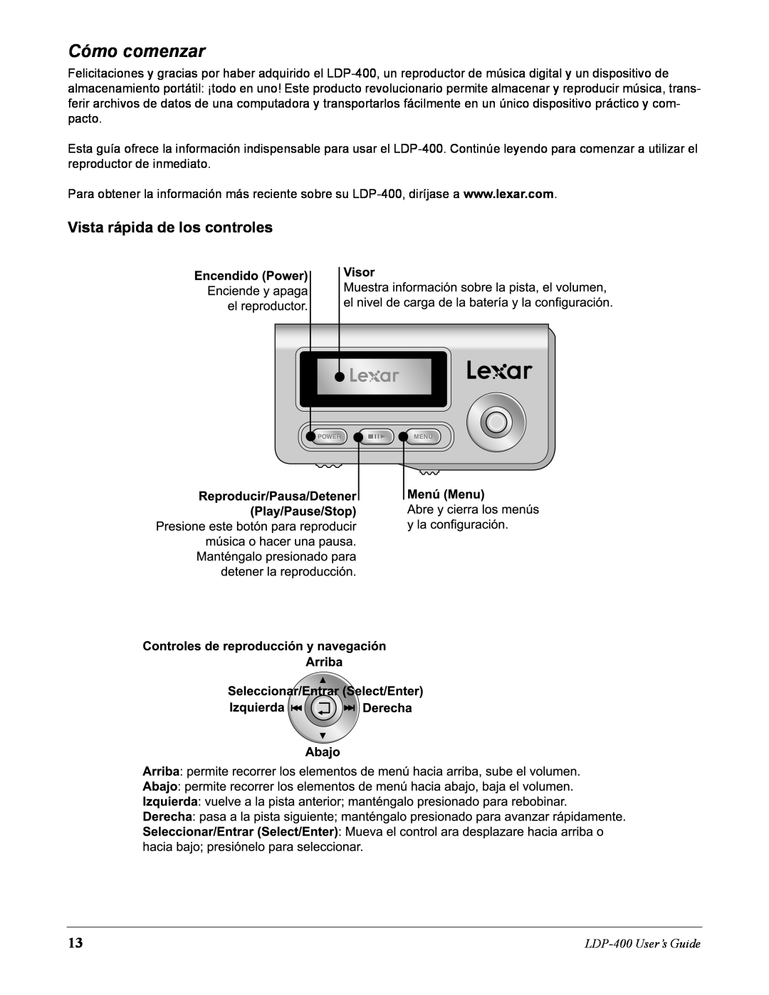 Lexar Media manual Cómo comenzar, Vista rápida de los controles, LDP-400User’s Guide 
