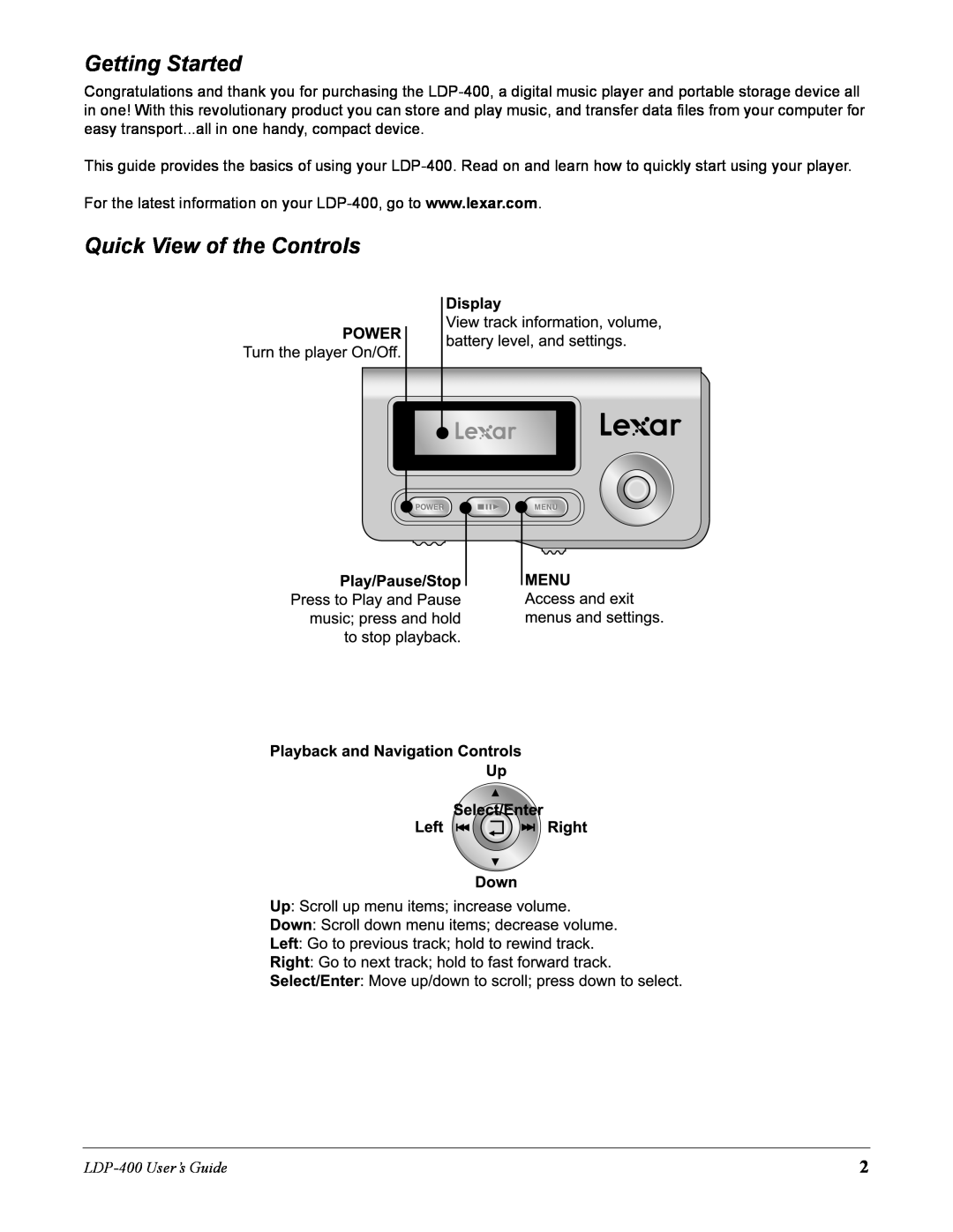 Lexar Media manual Getting Started, Quick View of the Controls, LDP-400User’s Guide 
